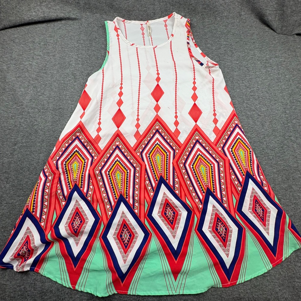 42 Pops Womens Sleeveless Dress‎ Sz. L White Red Blue Diamond Print Casual *READ
